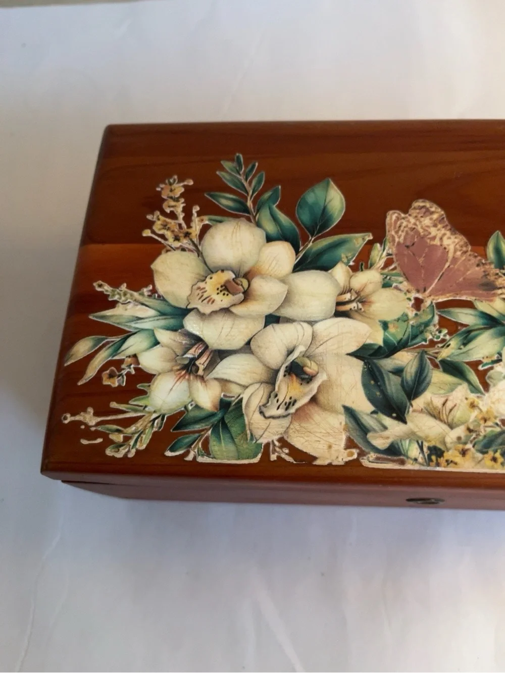 Decorative Wooden Jewelry Box with Floral Inlay - Brown